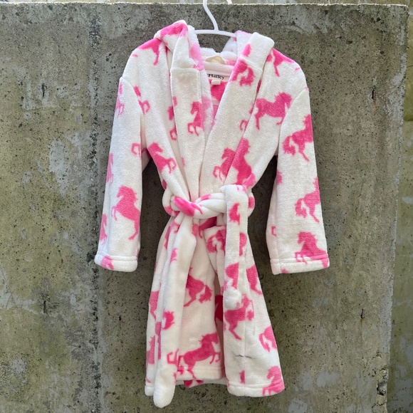 HATLEY Girls' Horse Print Fleece Robe, Cream / Pink, Hooded, 4-5 years - Picture 2 of 8